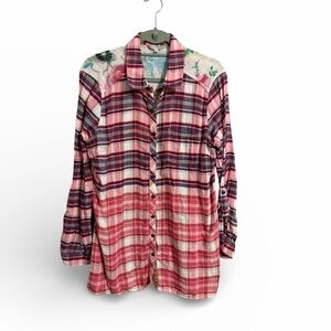 John Mark Mix Media Plaid Tunic Boho Bohemian Large Western Rodeo Button Down